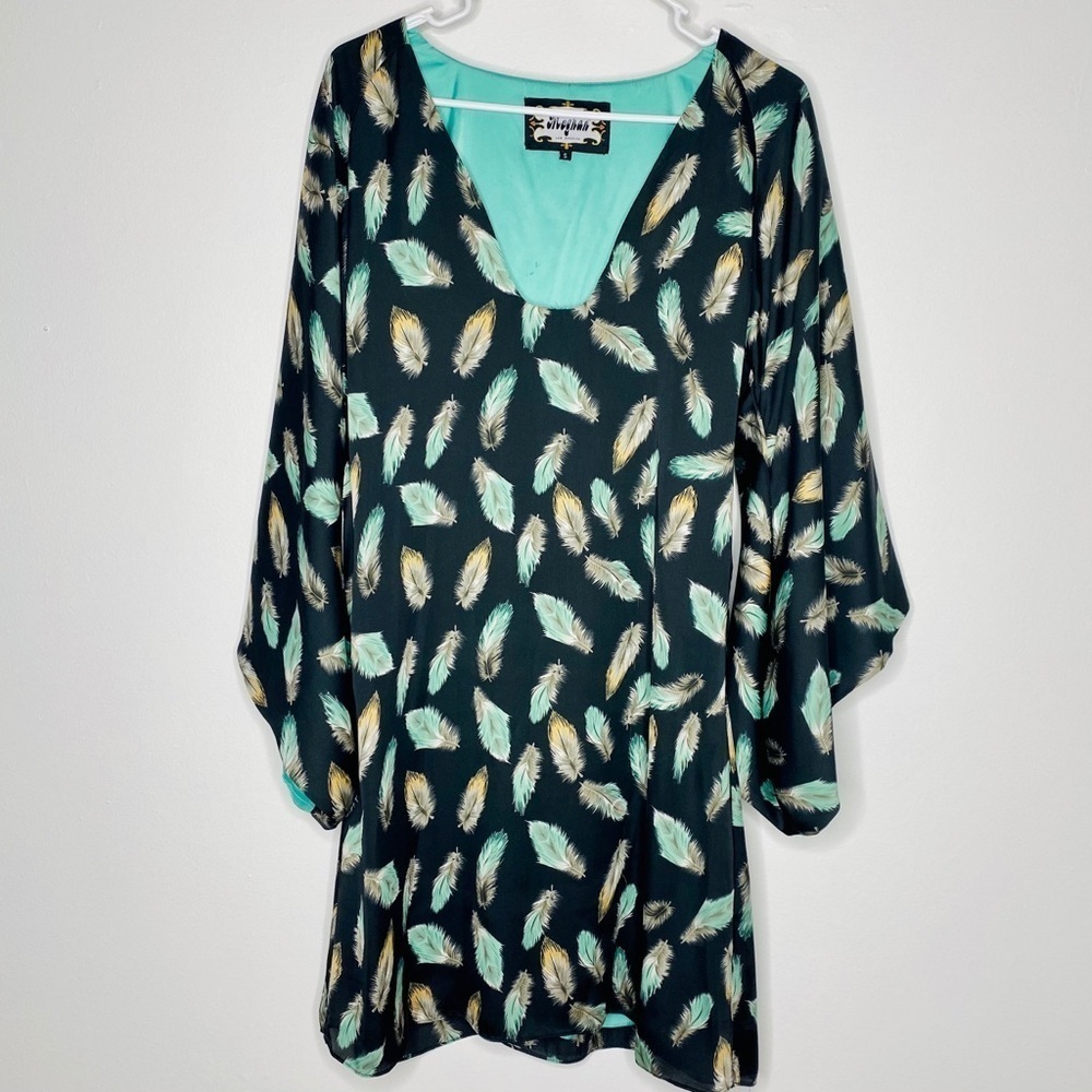 Meghan LA Black & Aqua Feather Dress Bell Sleeves